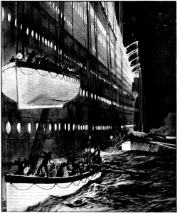 A painting by Charles Dixon, published in April 1912, showing Lifeboat 13 (Robert Hopkins' boat) having drifted below Lifeboat 15, which is being lowered into the sea. After yelling to the crew lowering the boat to stop its descent, Hopkins now is trying to cut the falls (ropes) with a knife to allow his boat to move away from Titanic's side and out of harm's way. (Photo courtesy of Titanic International Society Archives)