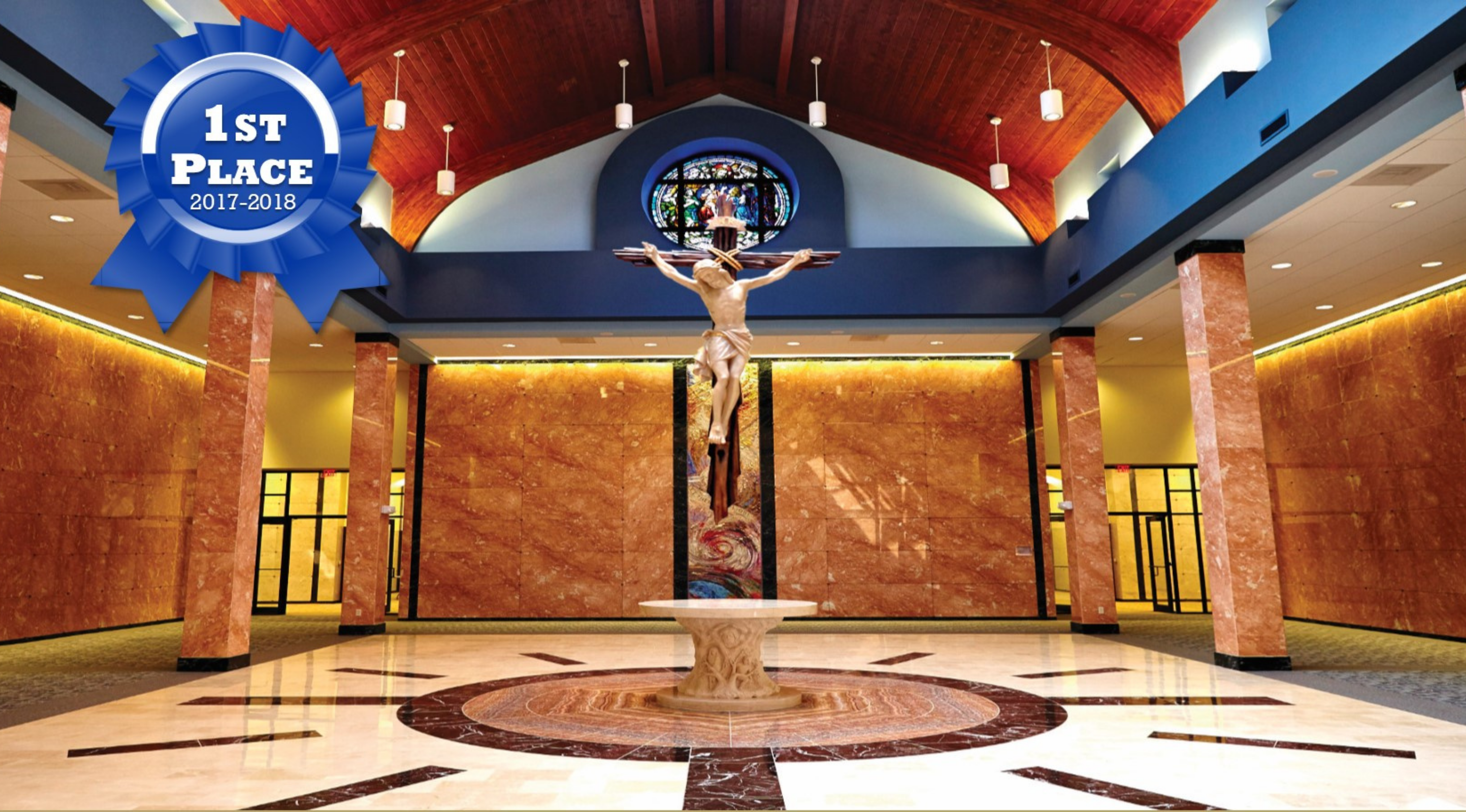 HC Genesis Chapel 1st Place ribbon 6000x3326 Holy Cross Cemetery Chapel with first place ribbon