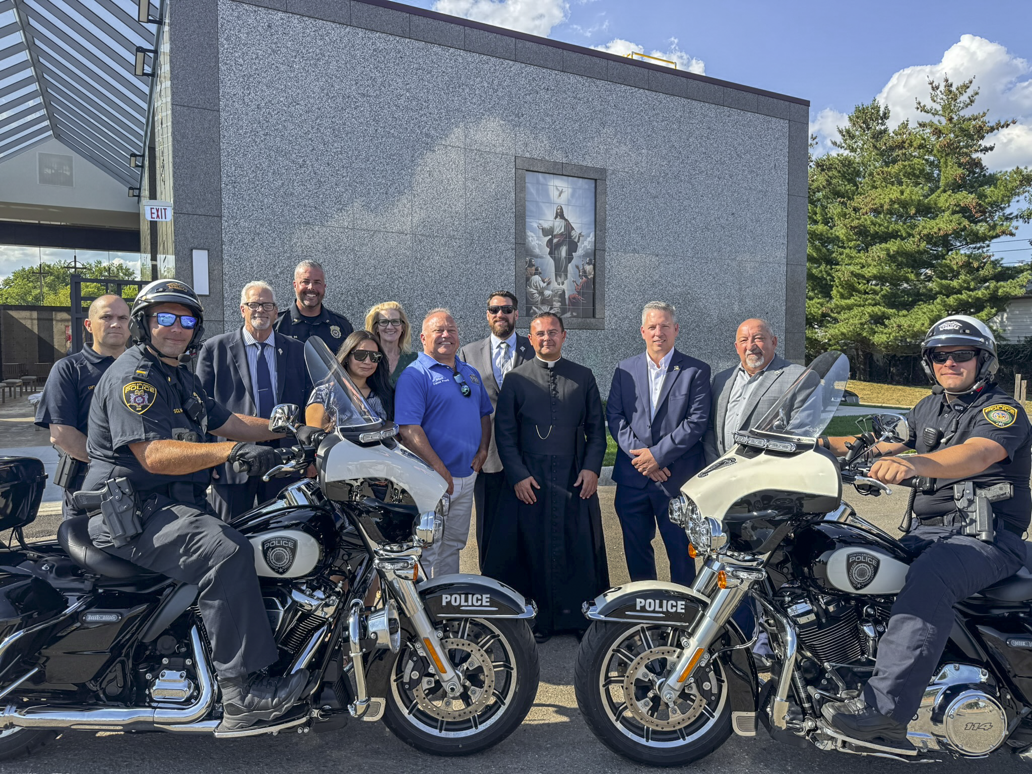 Father Barone North Arlington Police, Mayor Pronti, Catholic Cemeteries outside the new Open-Air Mausoleum of the Holy Spirit at Holy Cross